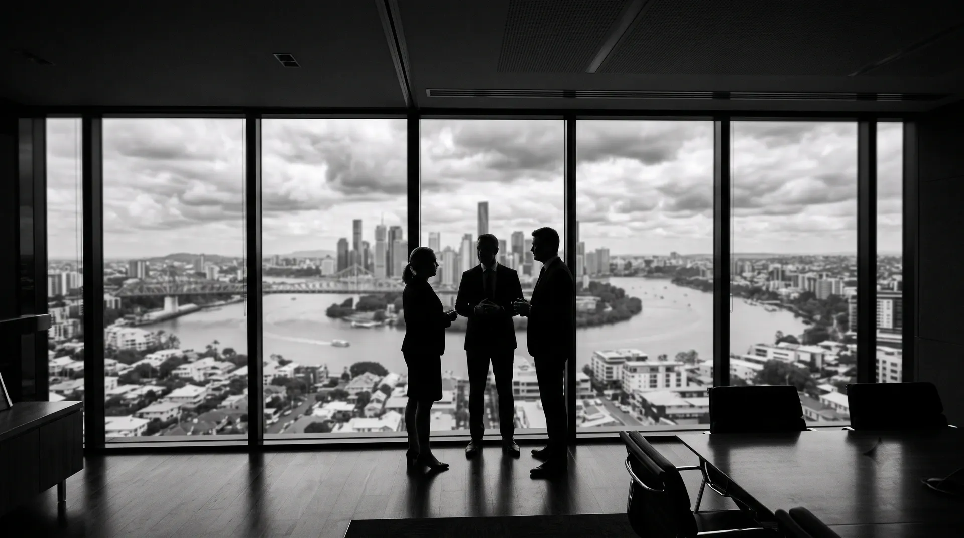 Business meeting in a high-rise boardroom overlooking the Brisbane River bend and CBD towers