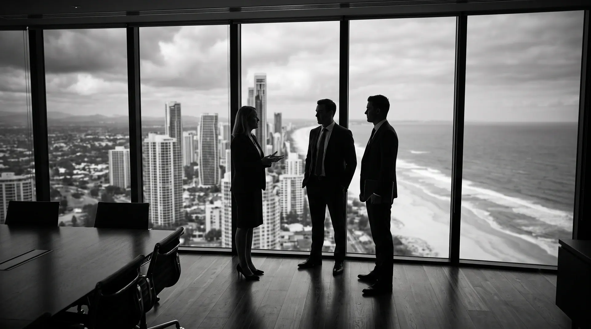 Business meeting in a high-rise boardroom overlooking the Surfers Paradise skyline and Gold Coast beaches