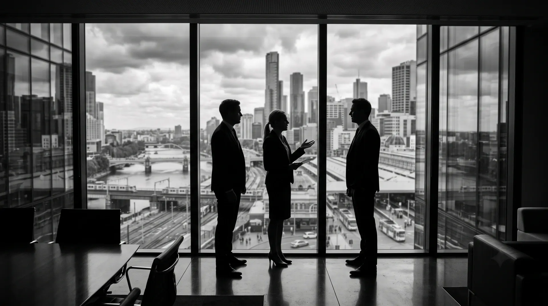 Business meeting in a high-rise boardroom overlooking the Melbourne CBD skyline and the Yarra River