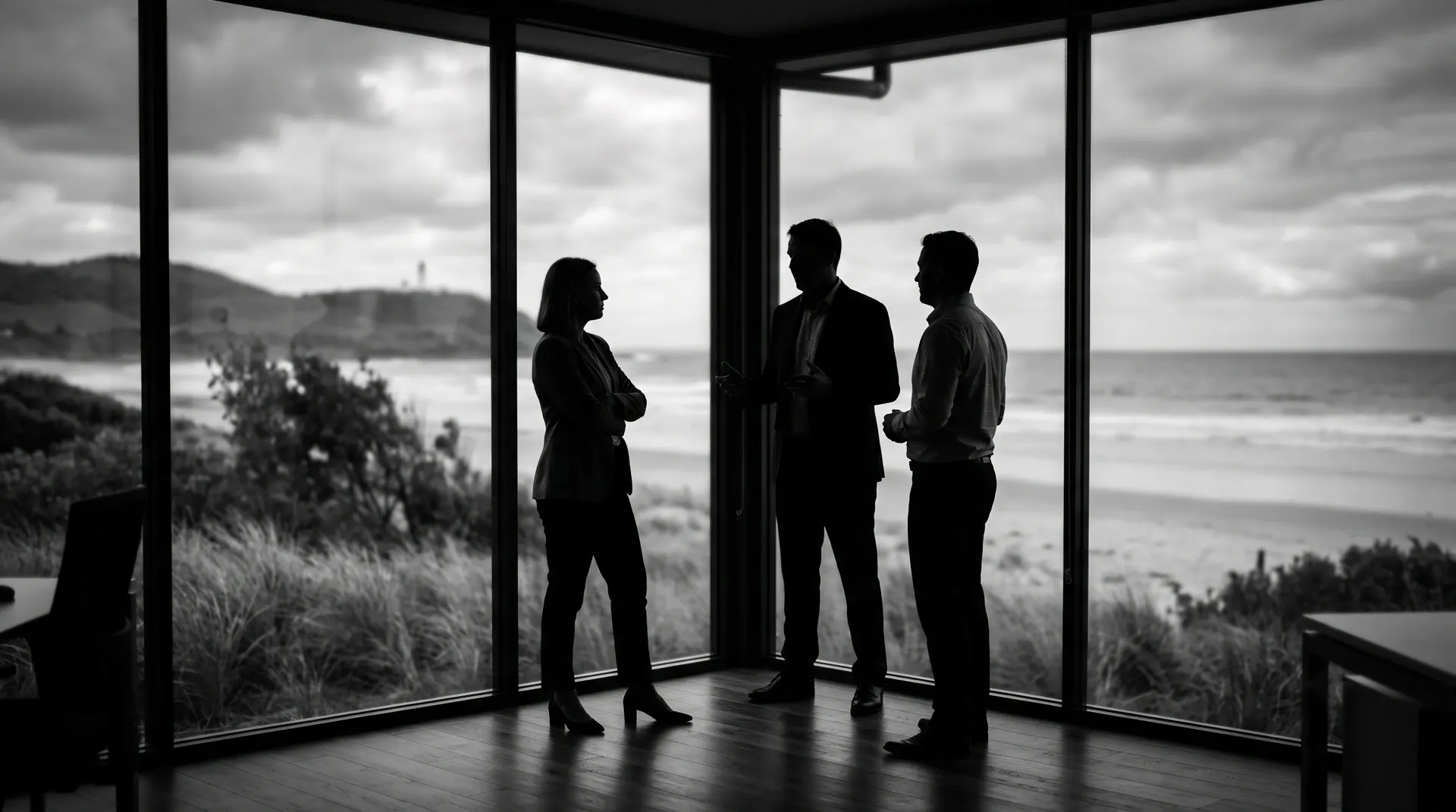 Business meeting in a coastal office overlooking the beach and headland lighthouse in Northern NSW