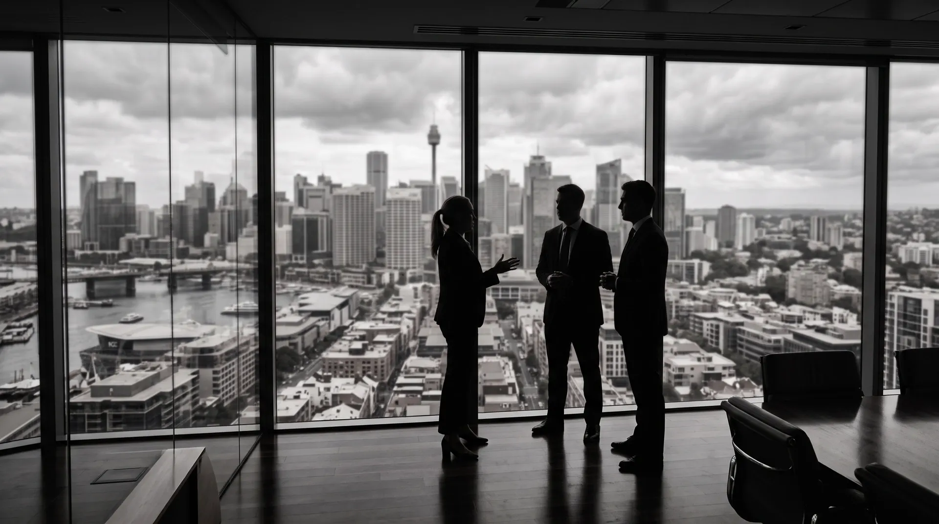 Business meeting in a high-rise boardroom overlooking the Sydney CBD skyline and Darling Harbour